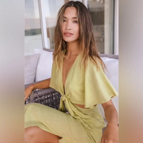 Lulus Summer Journey Light Green Tie-Front Linen Cutout Midi Dress - Picture 2 of 9